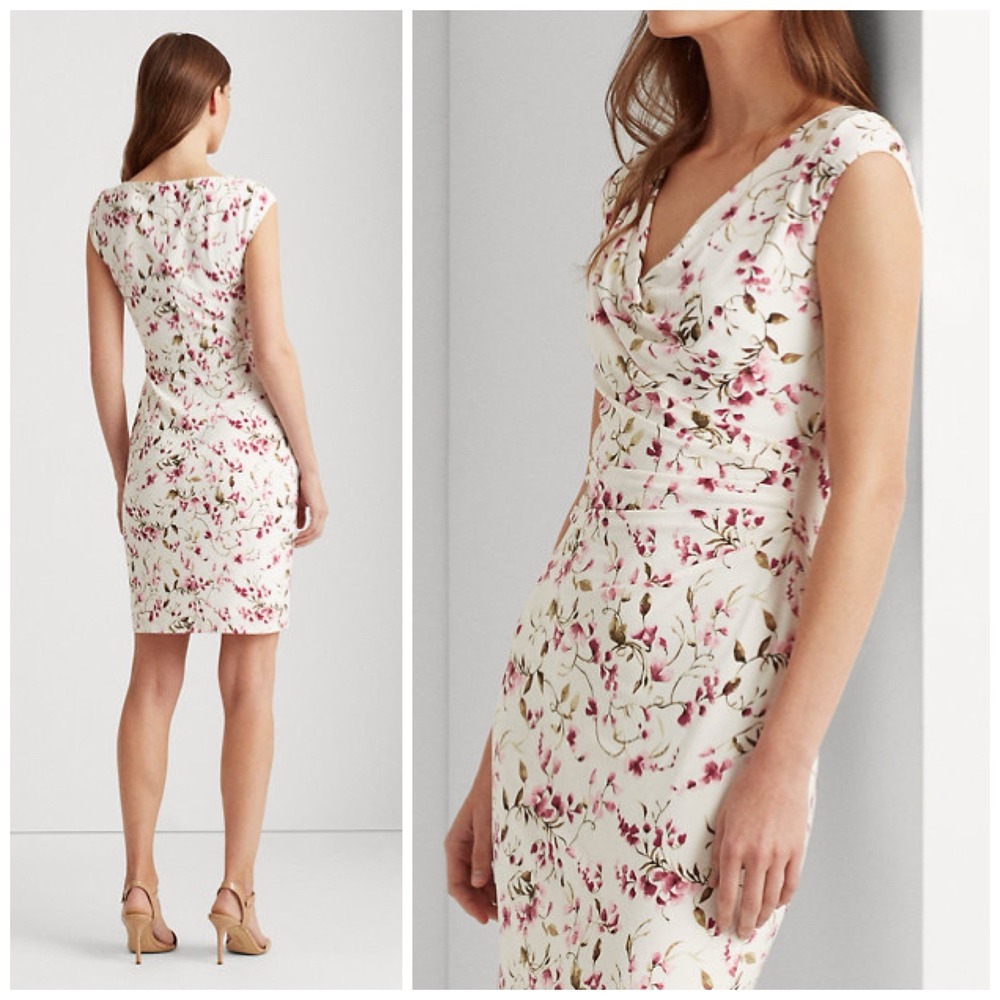 Lauren Ralph Lauren White Floral Cowl Neck Sheath Dress